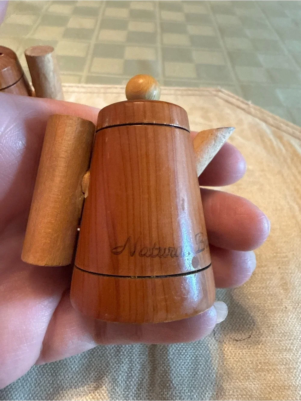 Vtg Rustic Wooden Coffee Pot Salt & Pepper Shakers Natural Bridge VA Souvenir